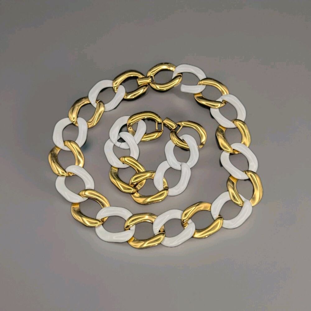 MONET Gold Tone/White Enamel Big Flat Curb Chain Necklace/Bracelet Set